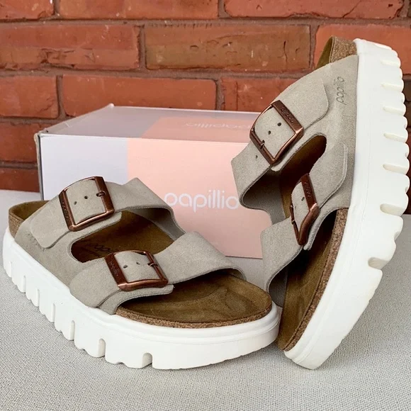 BIRKENSTOCK PAPILLIO Arizona Taupe Tan Suede Leather Chunky Platform Sandals - Picture 5 of 12